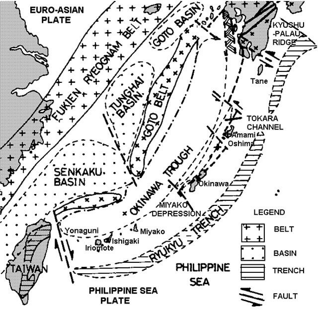 【図-1】琉球列島周辺の構造配置（木崎,1985）