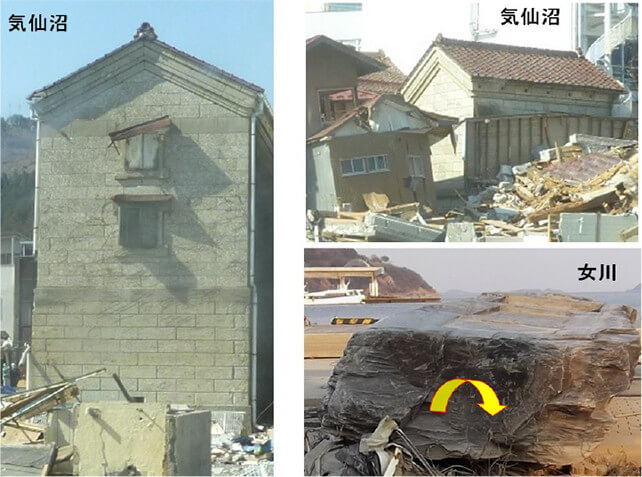 【写真-2】気仙沼市および女川町に見られる津波被害の様子（Aydan 2011）