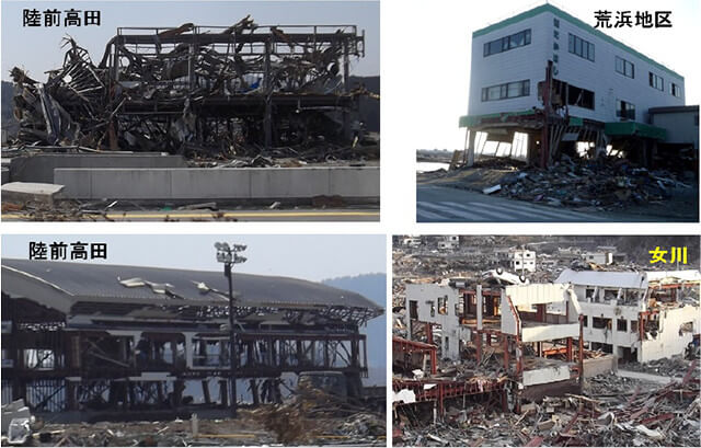 【写真-3】2011年東日本大震災で陸前高田市、女川町および荒浜地区で津波による鉄骨の構造物被害の様子（Aydan 2011）