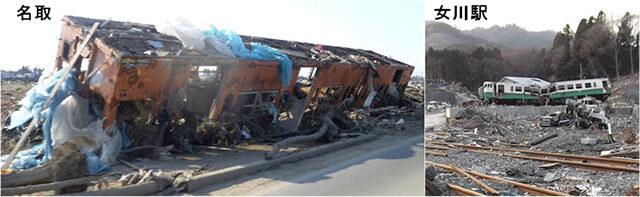 【写真-12】津波によって被害を受けた電車の様子（Aydan 2011）