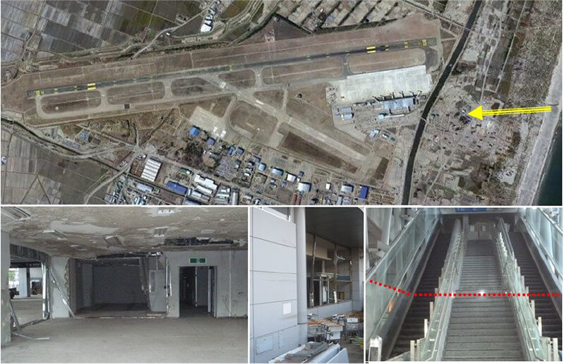 【写真-13】空港の被災後の衛星画像とターミナルビルやエスカレーターなどの被害(Aydan 2011；衛星画像Google-Earth)